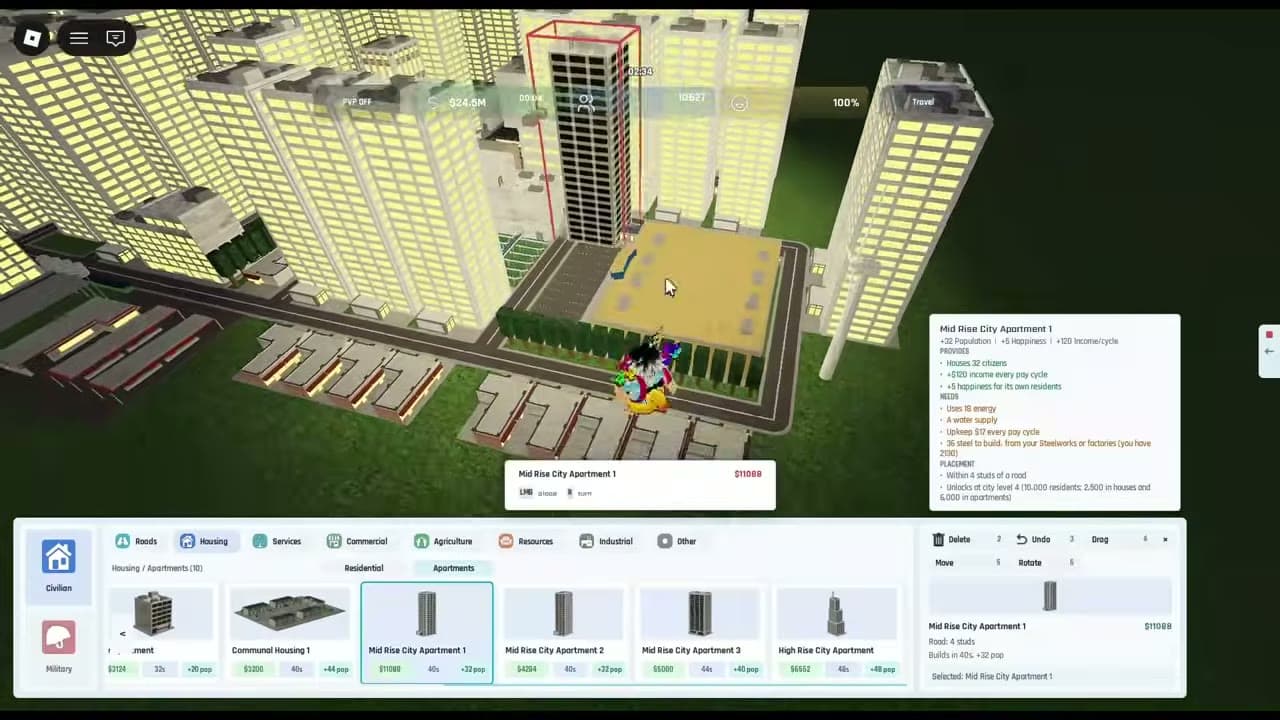 Housing menu with Mid Rise City Apartment 1 selected and its road, water, energy and upkeep requirements