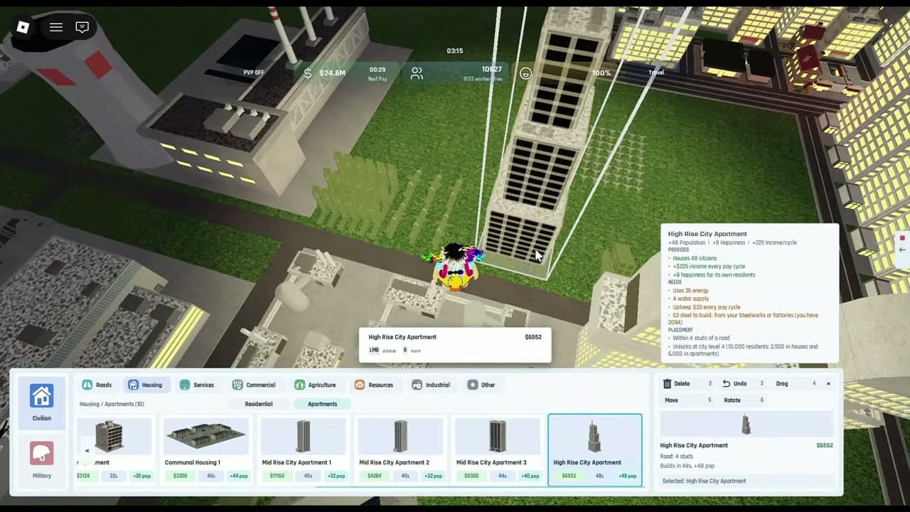 High Rise City Apartment tooltip showing population, income, upkeep and placement conditions
